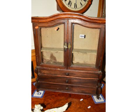 A 19TH CENTURY OAK GLAZED DOUBLE DOOR TABLE TOP CABINET, with three long graduating drawers, width 57cm x depth 16cm x height