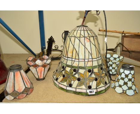 A MODERN COLOURED AND LEADED GLASS CENTRE LIGHT FITTING, together with a pair of wrought iron light fittings with glass shade