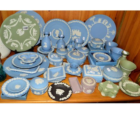 A QUANTITY OF WEDGWOOD JASPERWARES, (mostly light blue), to include plates, vases, trinkets etc, (six green items, two lilac 