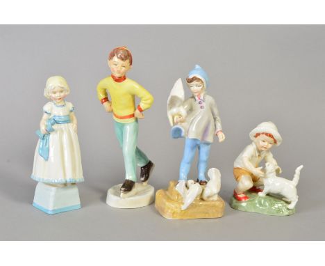 FOUR ROYAL WORCESTER FIGURES, 'Monday's Child' No3257, 'Tuesday's Child' No5354, 'Fantails' No3760 and 'Snowy' No3457 (4)