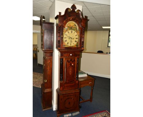 AN EARLY 19TH CENTURY OAK, ROSEWOOD AND MAHOGANY BANDED AND INLAID LONGCASE CLOCK, broken swan neck pediment with central tri