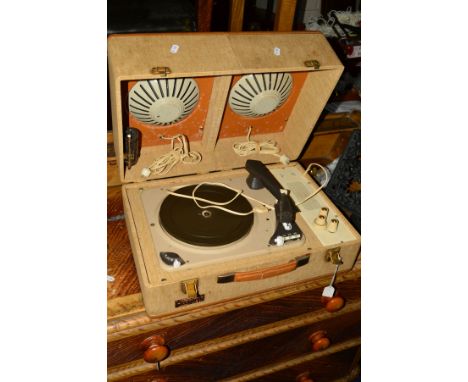 A VINTAGE CASED HIFIVOX RECORD PLAYER with a pair of speakers