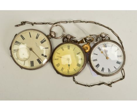 A LATE VICTORIAN SILVER CASED FOB WATCH, enamel dial cracked, London 1879, together with another continental silver cased fob