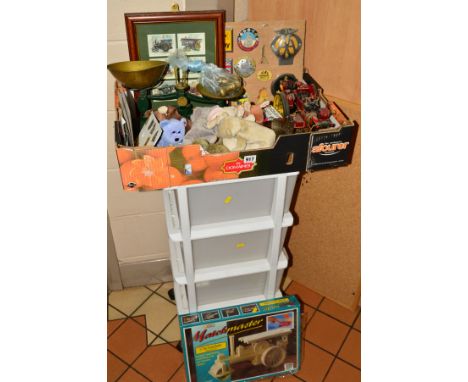 A BOX AND LOOSE SUNDRY ITEMS, to include TY Beanies 'Cheek', 'Nibbler', 'Pounce', 'Mystic', 'Sealy', 'Mel' etc, Librasco scal