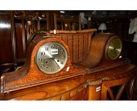 TWO SIMILAR OAK MANTEL CLOCKS and a wicker picnic box (3)
