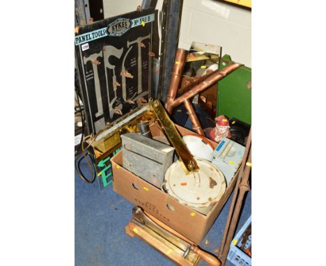 A COLLECTION OF METALWARE AND MISCELLANEOUS to include a galvanised letter box, anchor, tins, hanging fire exit sign, guillot