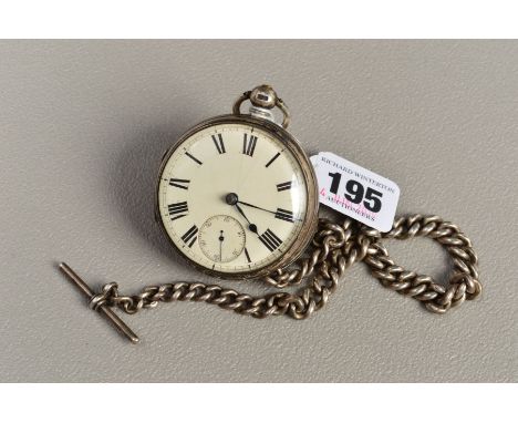 A MID VICTORIAN SILVER OPEN FACE POCKET WATCH AND ALBERT CHAIN, with white face, black Roman numerals, a subsidiary seconds d