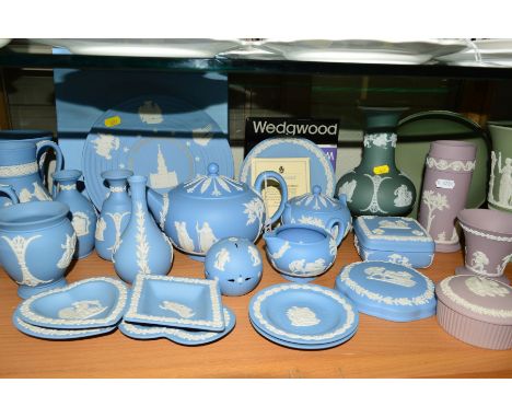 A QUANTITY OF WEDGWOOD JASPERWARES, to include lilac trinkets (5), green vases and bowl (3), light blue tea service (over twe