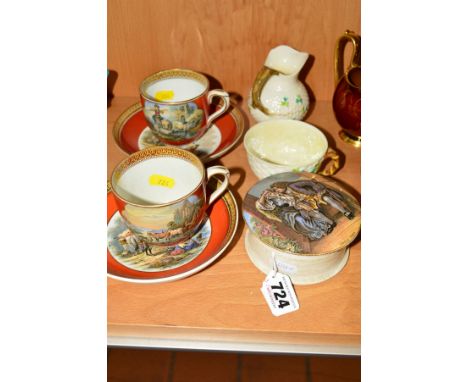 A PRATTWARE POT LID AND BASE, 'Uncle Toby', together with two Prattware breakfast cups and saucers and two pieces of Belleek 