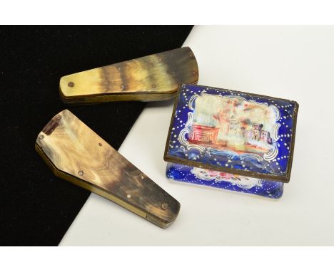 AN ENAMEL SNUFF BOX AND TWO HORN HORSESHOE STONE REMOVAL TOOLS, the enamel snuff box of rectangular outline, the front image 