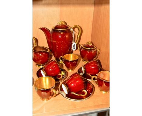 A CARLTONWARE 'ROUGE ROYALE' COFFEE SET, comprising coffee pot, covered twin handled sugar bowl, cream jug, six coffee cups a