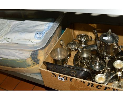TWO BOXES OF SUNDRY ITEMS, silver plated three piece tea service, linen, etc