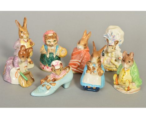 EIGHT BESWICK BEATRIX POTTER FIGURES, BP3b, to include 'The Old Woman Who Lived In A Shoe', Mrs Rabbit and Bunnies', 'Lady Mo