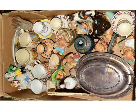 A BOX OF CERAMICS, PLATED ENTREE DISH, etc, to include Minton Hollins Co 'Romeo &amp; Juliet' tile, Henriot Quimper egg cups,