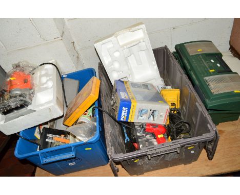 TWO BOXES OF VARIOUS TOOLS including a Precision tools router, socket set, screw set, Powercraft drill bit set and a tool box