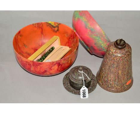 A BANDA LASTA WARE BAKELITE BOWL, another similar orange coloured bowl unmarked, a speckled bakelite light shade and a simila