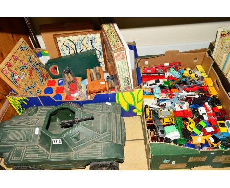 CHILDRENS TOYS, to include a box of toy cars to include Matchbox, Mattel, Hot Wheels, wooden toys, modern hand painted chess 