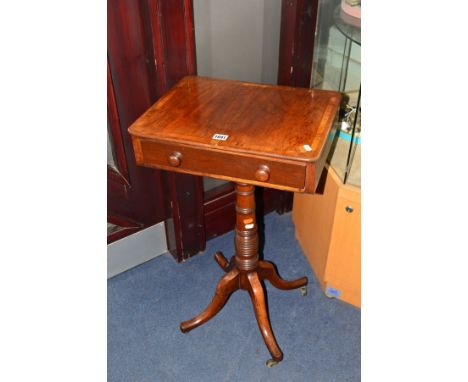 AN EARLY 19TH CENTURY MAHOGANY AND ROSEWOOD BANDED RECTANGULAR SIDE TABLE, with drawer and dummy drawer to the frieze, turned