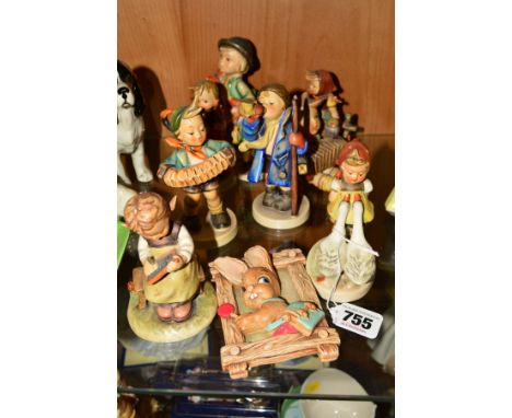 A GROUP OF HUMMEL/GOEBEL FIGURES AND A PENDELFIN PLAQUE, to include 'Goose Girl' HUM47, 'Hear Ye, Hear Ye' HUM15, 'Accordion 
