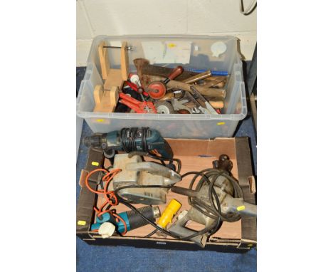 TWO TRAYS OF VARIOUS TOOLS including two drills, sander, heating gun and hand tools (2)
