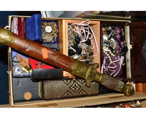 A CHINESE SWORD AND A BOX OF COSTUME JEWELLERY, the sword with short banded grip, shaped pommel with decorative metal cap car