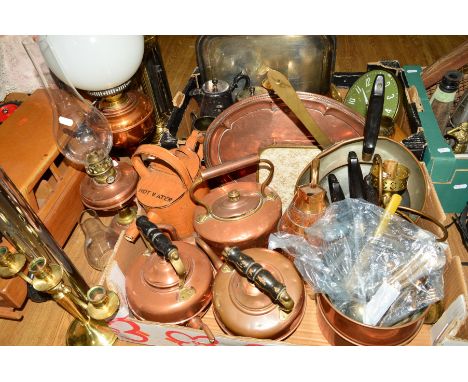 TWO BOXES OF COPPER, BRASS AND SILVER PLATE, etc, including three copper kettles, Metamec wall clock, tea wares and coopered 