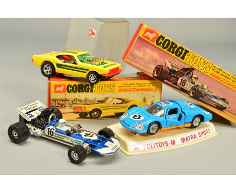 TWO BOXED CORGI TOYS, Surtees T.S.9 F1 Racing Car, No.150 and Ford Mustang 'Organ Grinder' Dragster, No.166, with a boxed Pol