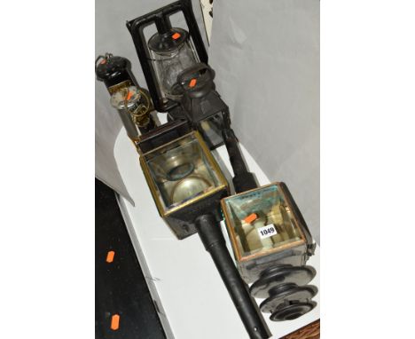 TWO VICTORIAN COACHING LAMPS, together with two miners lamps (Thomas &amp; Williams Ltd, Aberdare and The Protector Lamp &amp