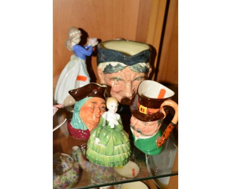 A SMALL GROUP OF FIGURINES AND CHARACTER JUGS, Royal Doulton 'Belle' HN2340 and 'Granny' D5521 (with tooth), Nao girl with ca