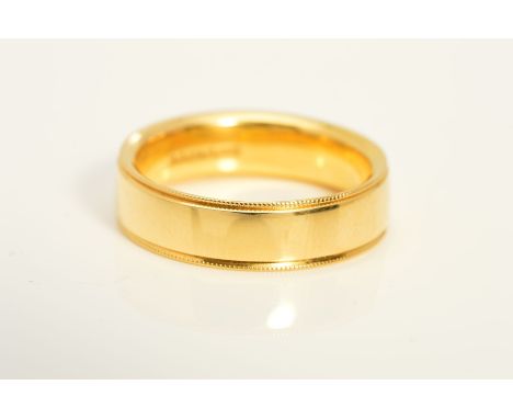 A MODERN 18CT YELLOW GOLD WEDDING BAND, flat cross section with fine bead edge, measuring 6.2mm in width, ring size U1/2, app