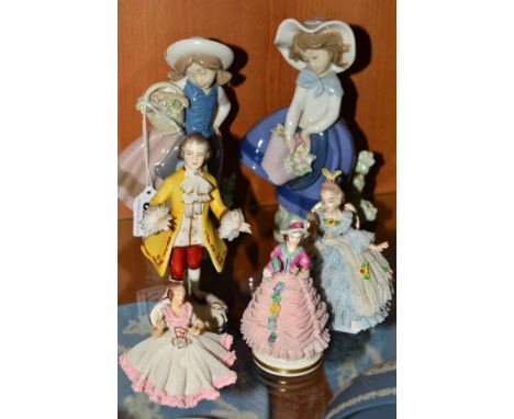 TWO LLADRO FIGURES, 'Sweet Scent' No.5221 and 'Pretty Pickings' No.5222, together with four Dresden lacework figures (sd) (6)