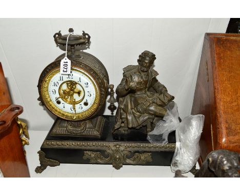 A LATE 19TH CENTURY FIGURAL MANTEL CLOCK, drum shaped case with damaged enamel dial, Ansonia movement on a painted metal blac