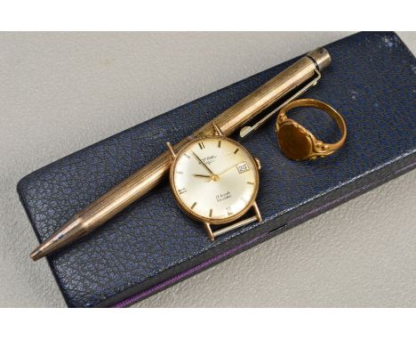 A 9CT GOLD ROTARY WATCH HEAD, A SILVER SHEAFFER PEN AND A SIGNET RING, the Rotary watch head with white face, baton hour mark