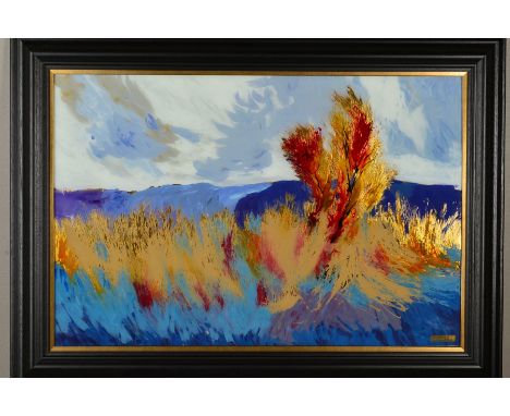 TIM DOLBY (BRITISH CONTEMPORARY) 'BURNISHED IV', an impressionist landscape, signed bottom right, reverse painted enamel on g