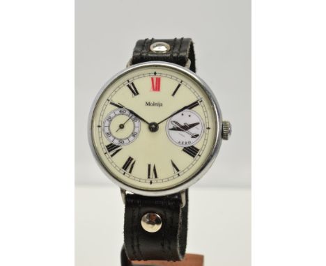 A MOLNIJA GENTS WRISTWATCH, with subsidiary seconds dial and image of an aircraft, engine turned Deco style back, on later bl