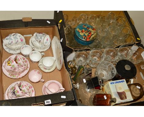 THREE BOXES OF CERAMICS, GLASS, SUNDRIES ETC, to include Royal Albert 'Trent Rose' teaset (cake plate, seconds), milk jug, su