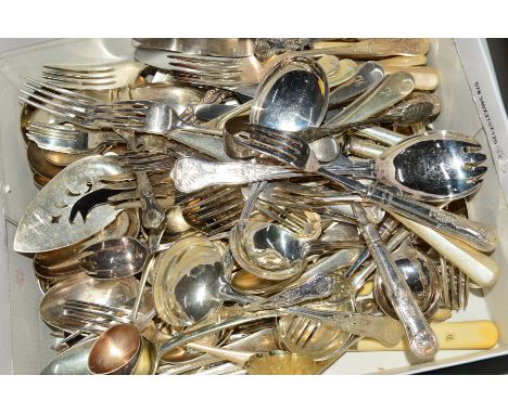 A BOX OF SILVER PLATED FLATWARE, various patterns including King's