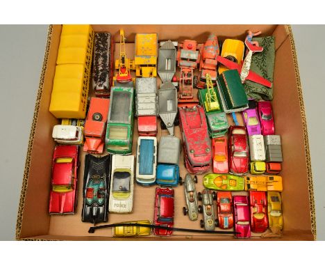 A QUANTITY OF UNBOXED AND ASSORTED PLAYWORN DIECAST VEHICLES, to include Corgi Toys Batmobile, No.267, missing Robin figure, 