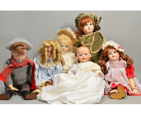 A COLLECTION OF REPRODUCTION BISQUE HEAD DOLLS, to include K &amp; R (x2), Jomeau Arielle, Steiner, Babette (Limited Edition 