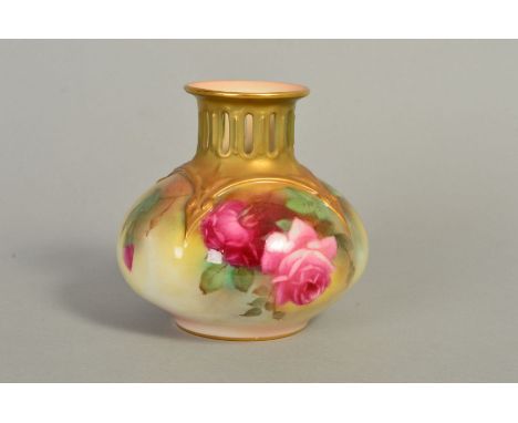 A ROYAL WORCESTER GLOBULAR VASE, with pierced neck and flared rim, painted with roses, puce backstamp and shape No.H.306, hei