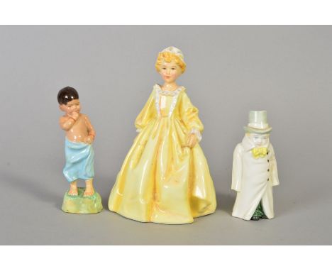 THREE ROYAL WORCESTER FIGURES, 'Burmah' No3068, 'Grandmother's Dress' No3081 (yellow) and 'Budge' candlesnuffer