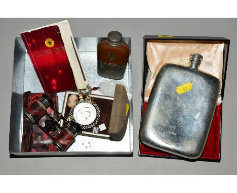 A SELECTION OF ITEMS to include a pair of cased opera glasses, a cultured pearl cluster ring, a dollar coin pendant, two hip 
