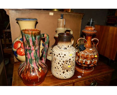 THREE VARIOUS WEST GERMAN GLAZED TABLE LAMPS with three similar vases (6)