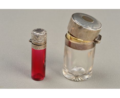 A LATE VICTORIAN CRANBERRY GLASS SCENT BOTTLE OF CYLINDRICAL FORM, with hinged silver cover, maker WHW, Birmingham 1898, heig