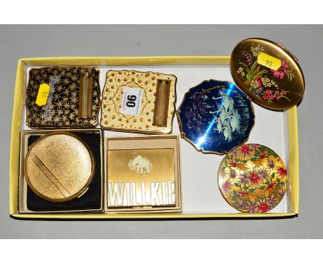SEVEN COMPACTS, to include two rectangular Stratton compacts with integral lipstick holders, a circular Stratton compact depi