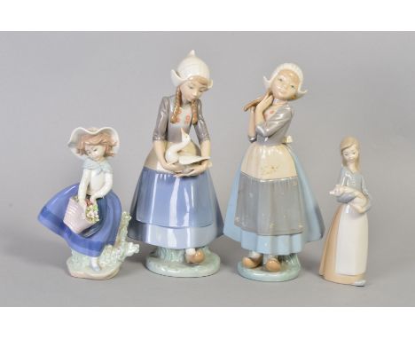 FOUR LLADRO FIGURES, 'Dutch Girl With Ducks' No.5066 height 27cm, 'Dutch Girl With Braids' No.5063 (head reglued and one brai