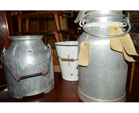 TWO VARIOUS GALVANISED MILK CHURNS and an enamel bucket (3)