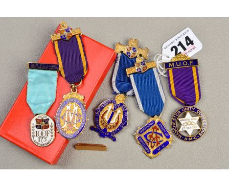 THREE SILVER GILT AND ENAMEL INDEPENDENT ORDER OF ODDFELLOWS MEDALLIONS and two others in gilt metal and enamel (5)