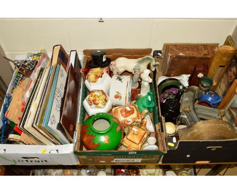 THREE BOXES OF CERAMICS, RECORDS, PICTURES, SUNDRIES ETC, to include mantle clock, 'Brown's Bible', two cast corner fittings,