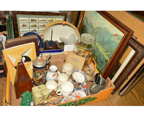 TWO BOXES OF CERAMICS, GLASSWARE COLLECTABLES AND PRINTS, includes a collection of cigarette and trade card, Festival of Brit